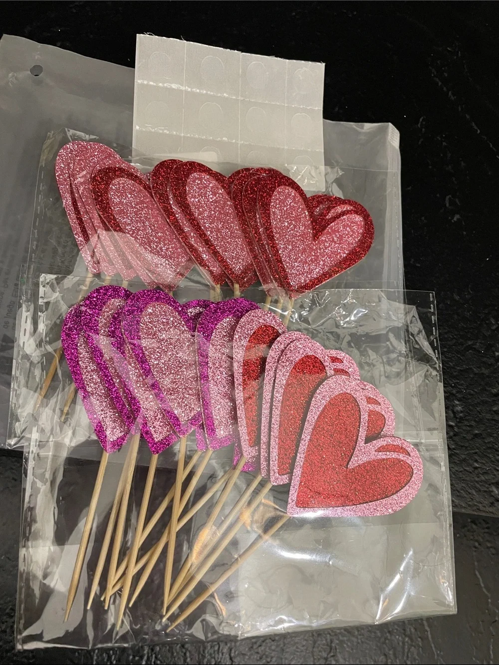 Glitter Heart Cake Toppers - Pink & Red Party Picks 24 pc